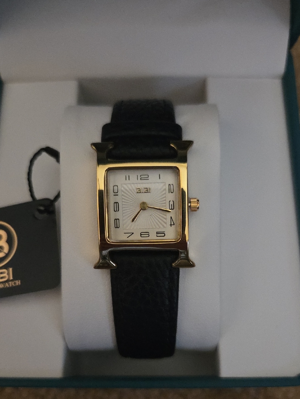 Bibi Luxury Square Gold Womens Watch Sunburst Face Brown Pebble Leather Strap